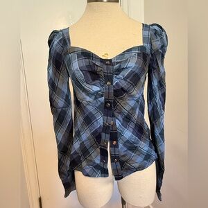 New! Veronica Beard Frankie Plaid Puff-Sleeve Blouse Size 2